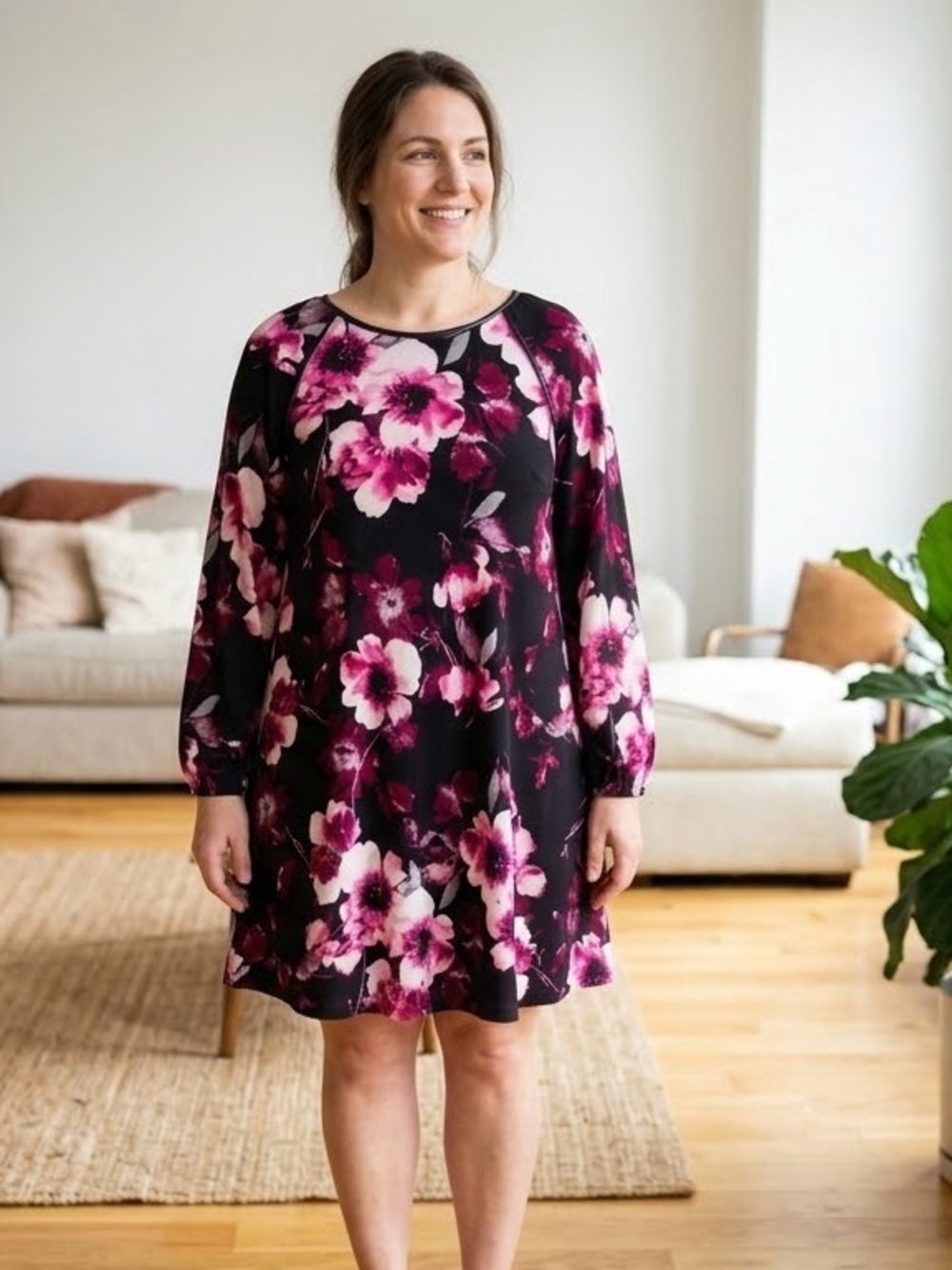 Anne Klein Floral Babydoll Shift Dress Faux Leather Trim Long Sleeve Size 12